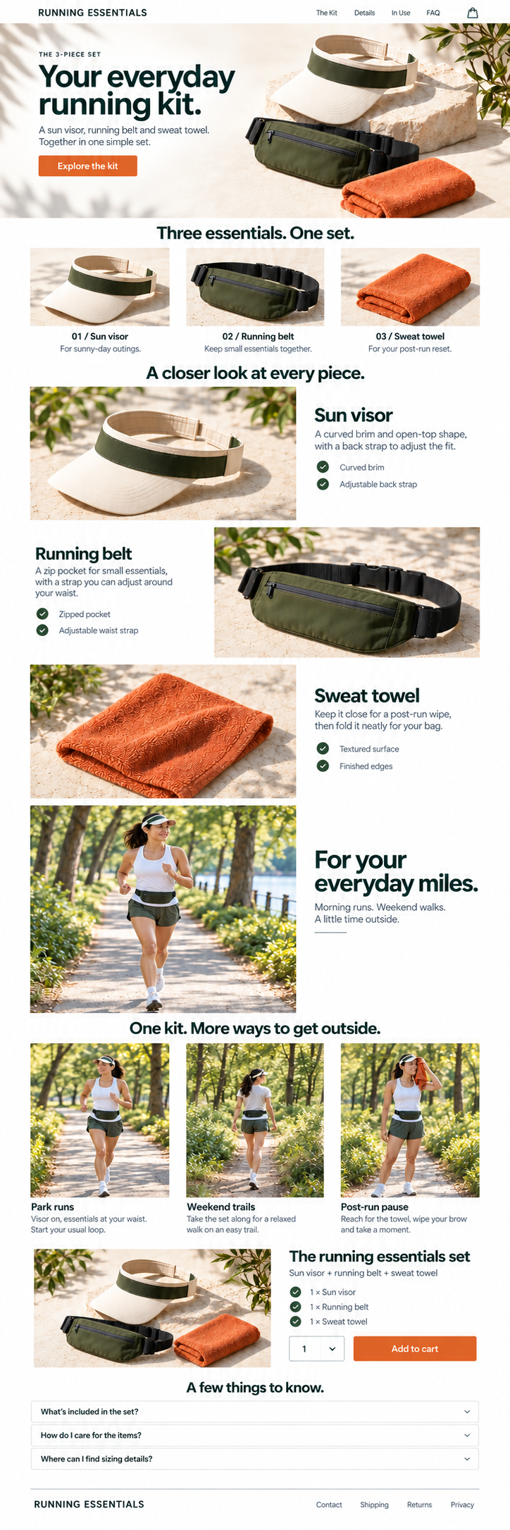 Cream and olive sun visor, olive running belt and orange sweat towel on sunlit stone.